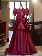 Burgundy Satin High Neck Puff Sleeve Bow Prom Dress